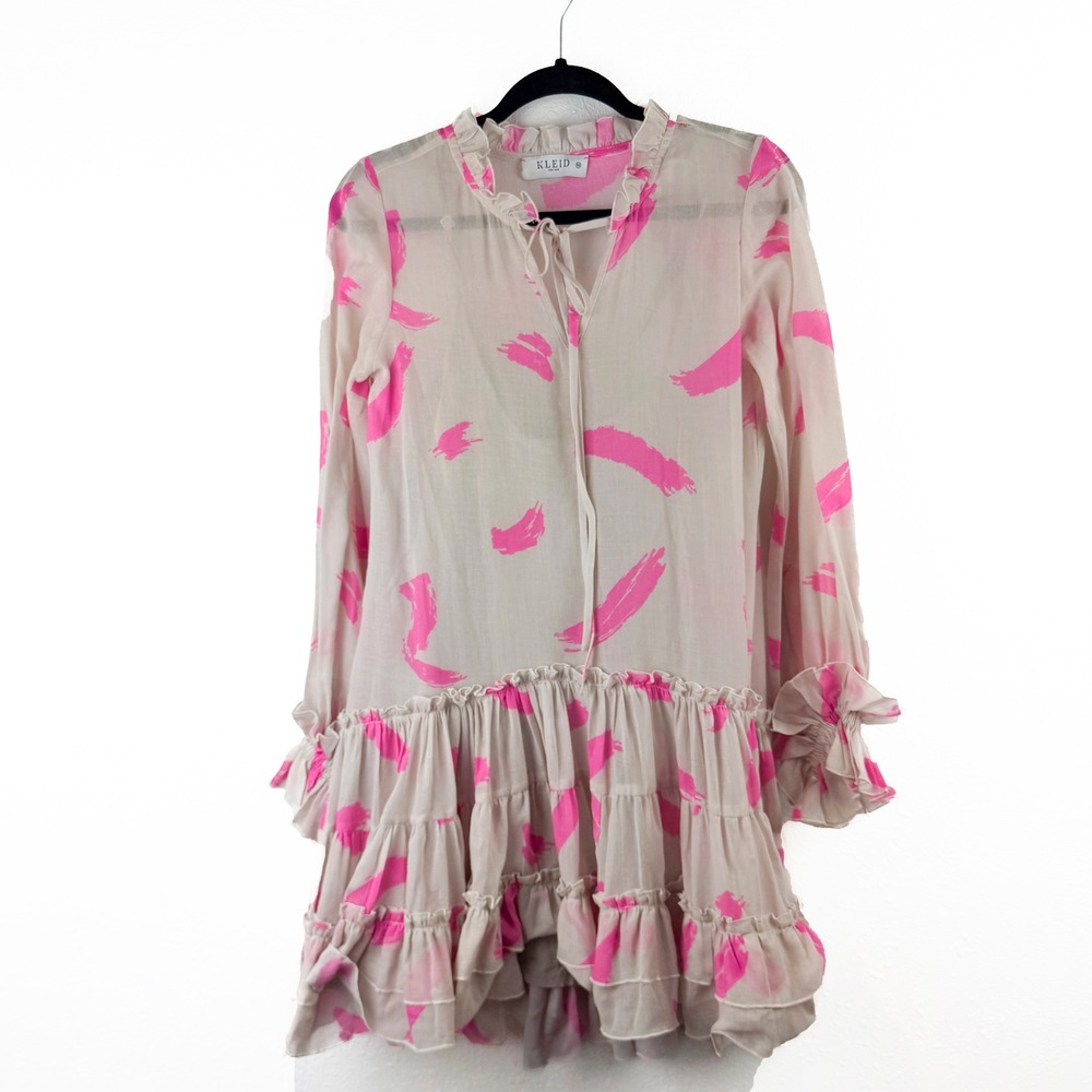 Kleid For Her Pink Abstract Brushstroke Ruffle Tiered Mini Dress Beige XS